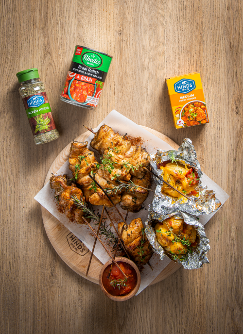 Curry Spiced Chicken Kebabs with Braaied Jacket Potatoes and Braai Relish